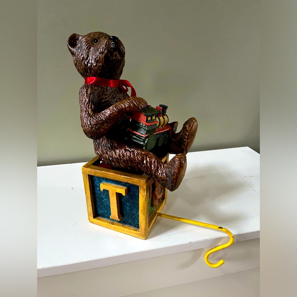 Vintage Teddy Bear on Alphabet Box "T” Stocking Holder w/Red Ribbon Heavy Solid